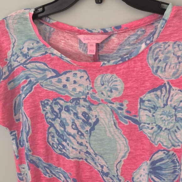 Lilly Pulitzer Mikela Top XXS Linen Pink Pout Barefoot Princess Blue Shells - Picture 4 of 5